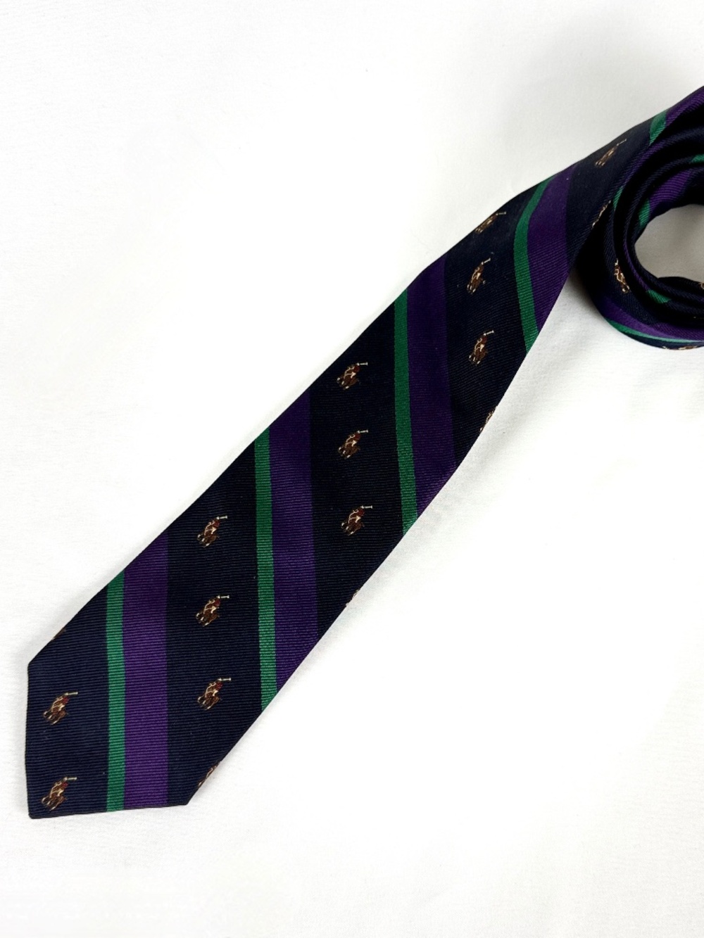 1980s Ralph Lauren POLO Silk Necktie Navy Blue Purple Green Polo Player Horse